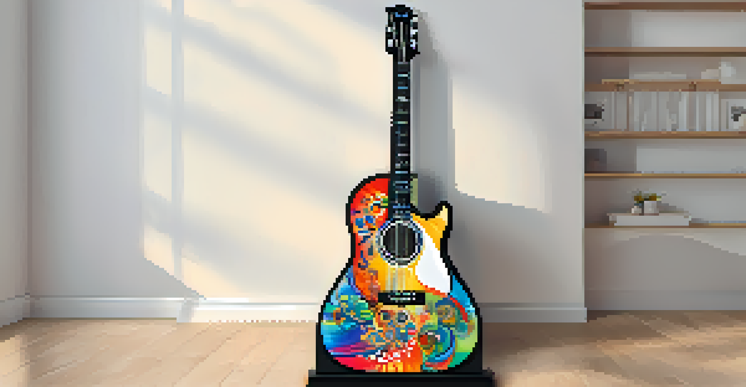 A colorful, personalized A-frame guitar stand decorated with musical motifs and a quote, set against a minimalist background.