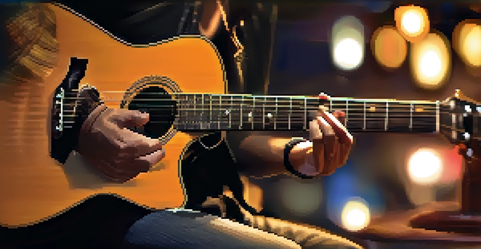 A guitarist's hands playing an acoustic guitar under warm lighting, with a blurred background of a music venue.