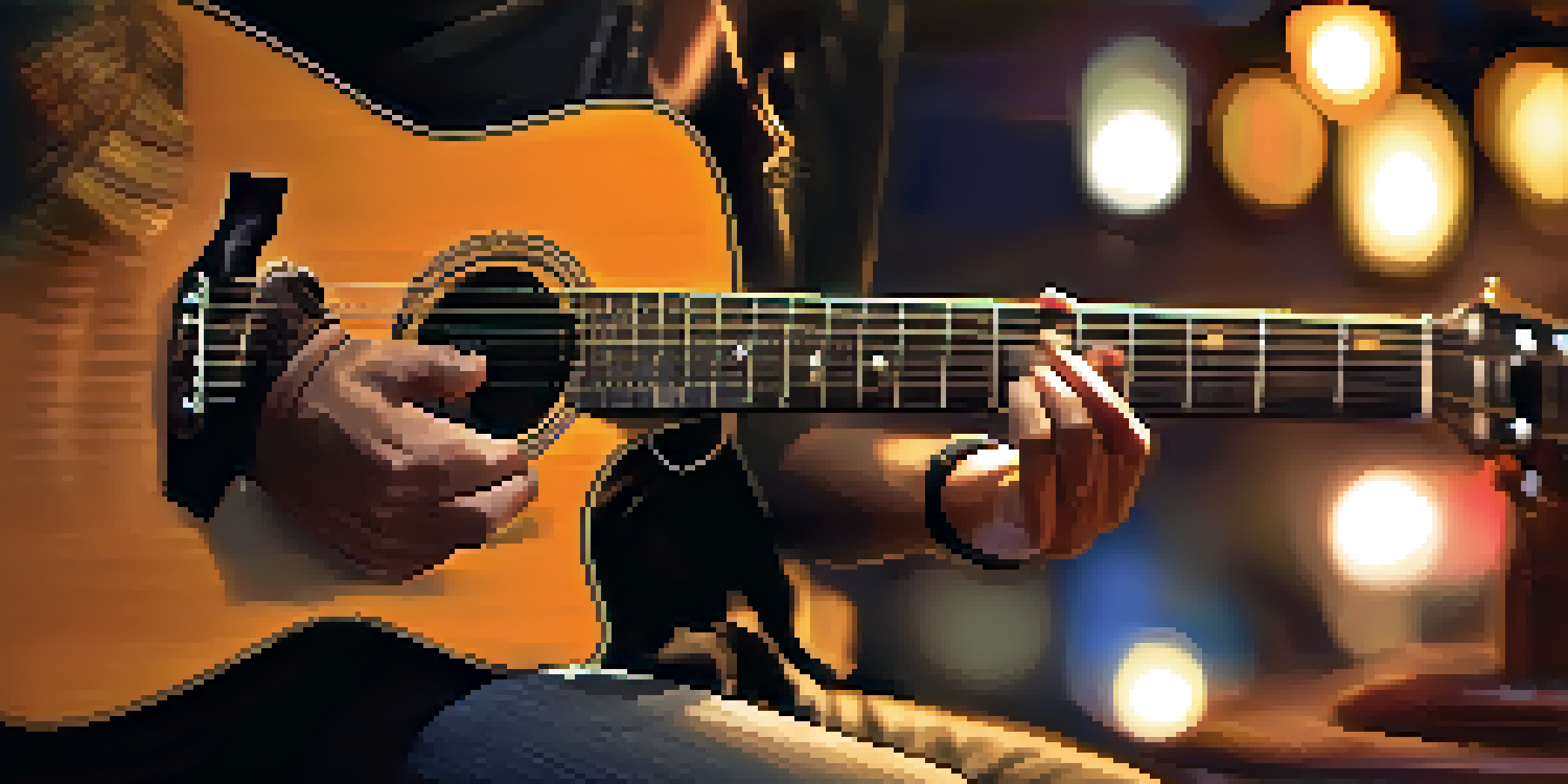 A guitarist's hands playing an acoustic guitar under warm lighting, with a blurred background of a music venue.