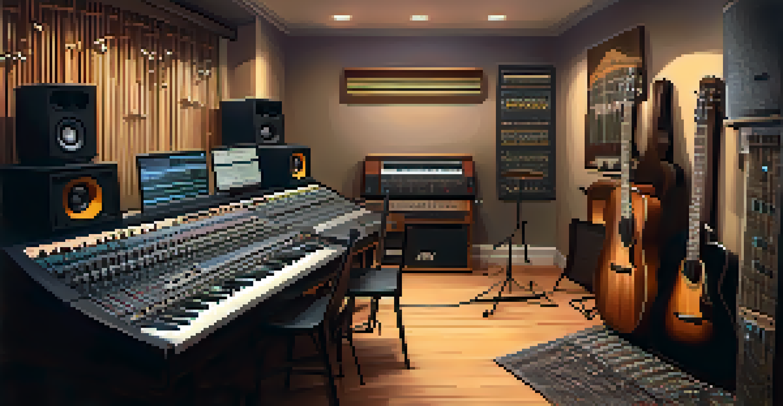 A recording studio featuring guitars on the wall, a mixing console, and a warm, inviting ambiance.