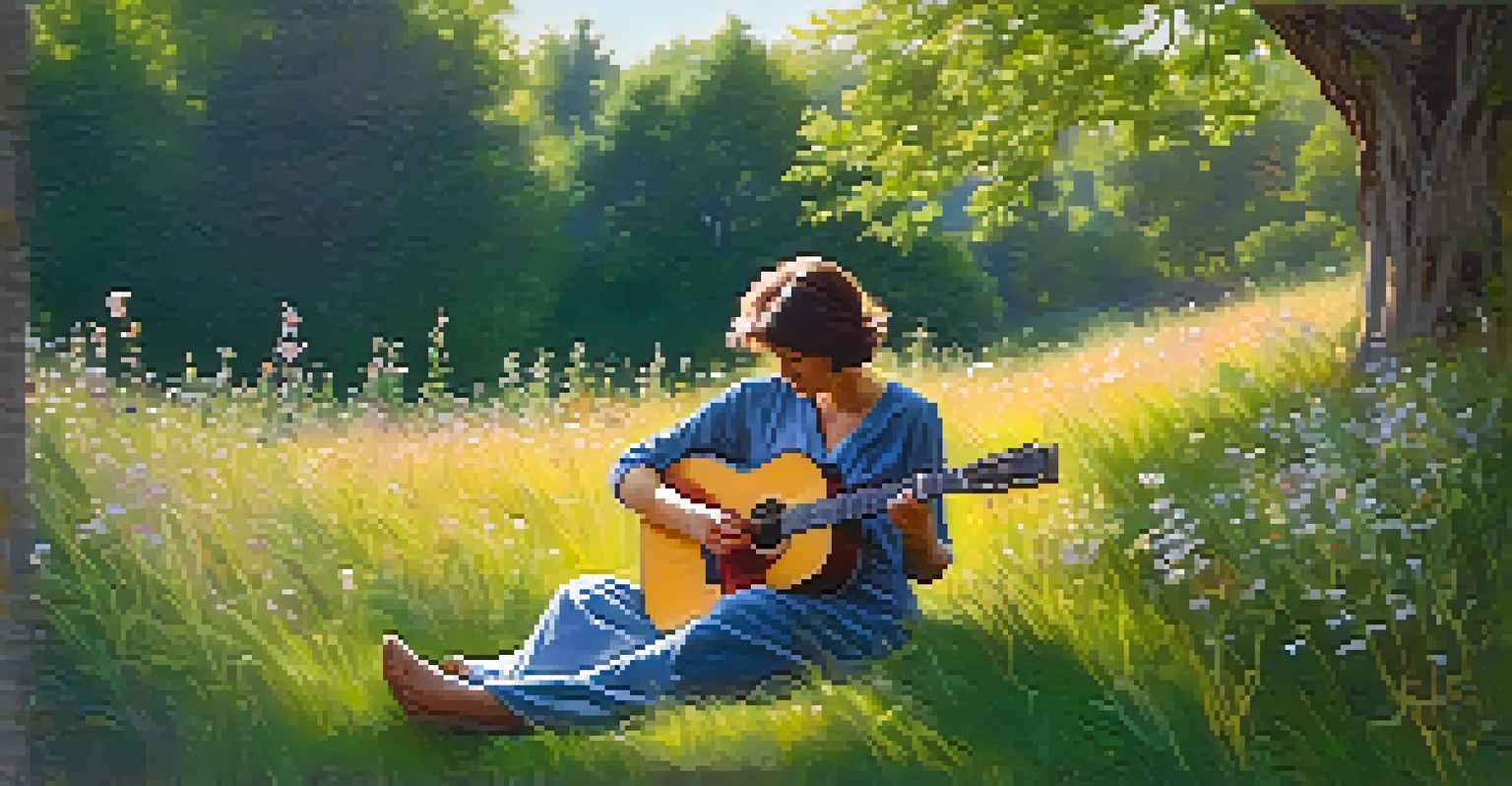 A musician sitting with an acoustic guitar on a grassy hill, surrounded by wildflowers and gentle sunlight filtering through trees.