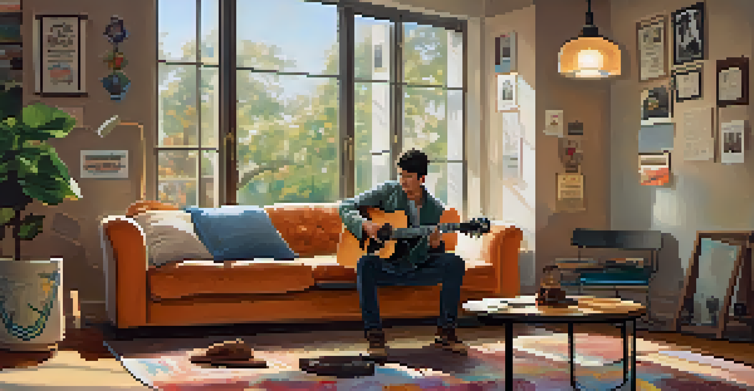An adult learner happily practicing guitar on a sofa, with a warm light and musical notes around.