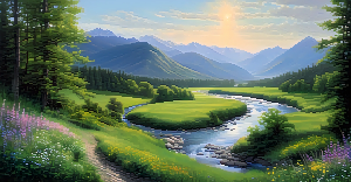 A beautiful landscape with a winding river, lush green valley, and vibrant wildflowers under soft sunlight.