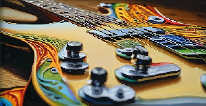 A detailed close-up of an electric guitar showcasing its fretboard and strings with psychedelic colors and warm lighting.