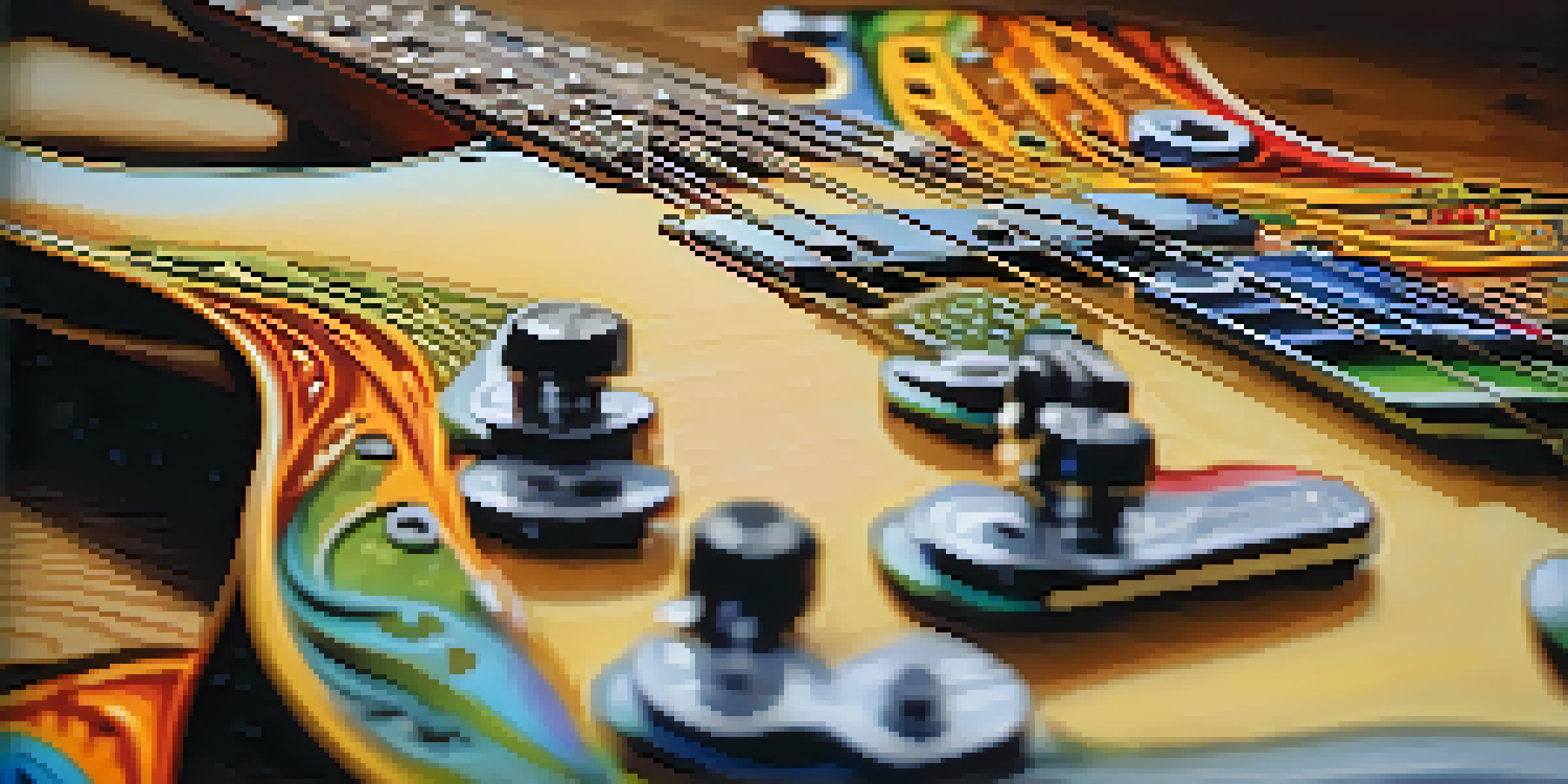 A detailed close-up of an electric guitar showcasing its fretboard and strings with psychedelic colors and warm lighting.