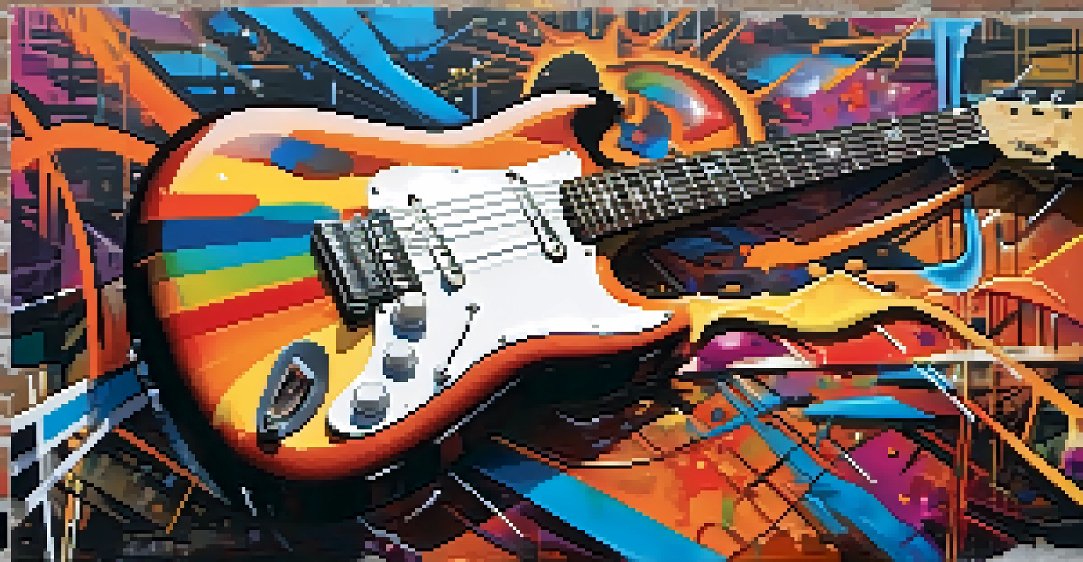 An electric guitar in front of a colorful graffiti wall, showcasing the blend of music and urban art.