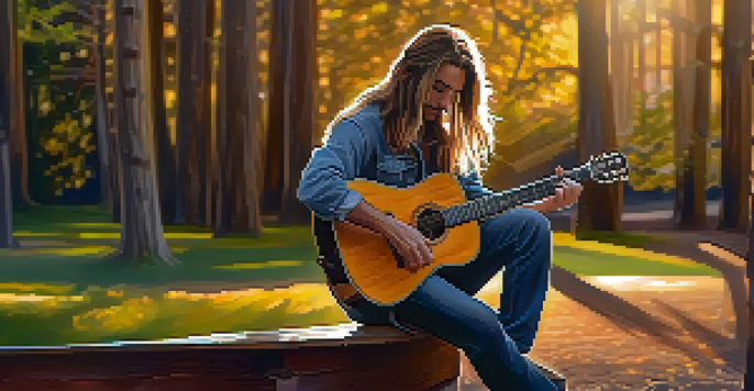 A musician playing an acoustic guitar on a wooden stage during sunset, surrounded by trees.