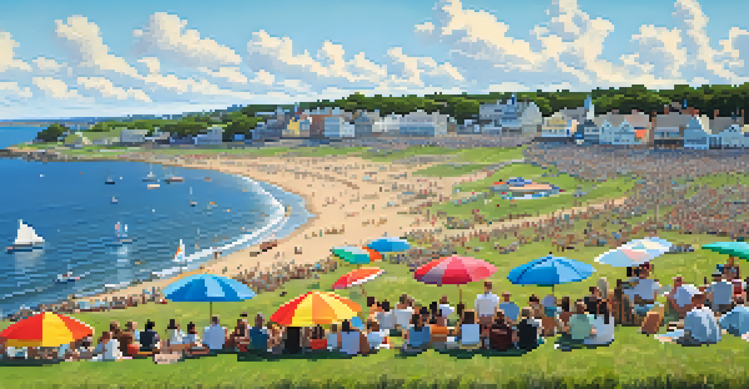 A scenic view of the Newport Folk Festival with performers and an ocean backdrop, filled with an audience on a sunny day.