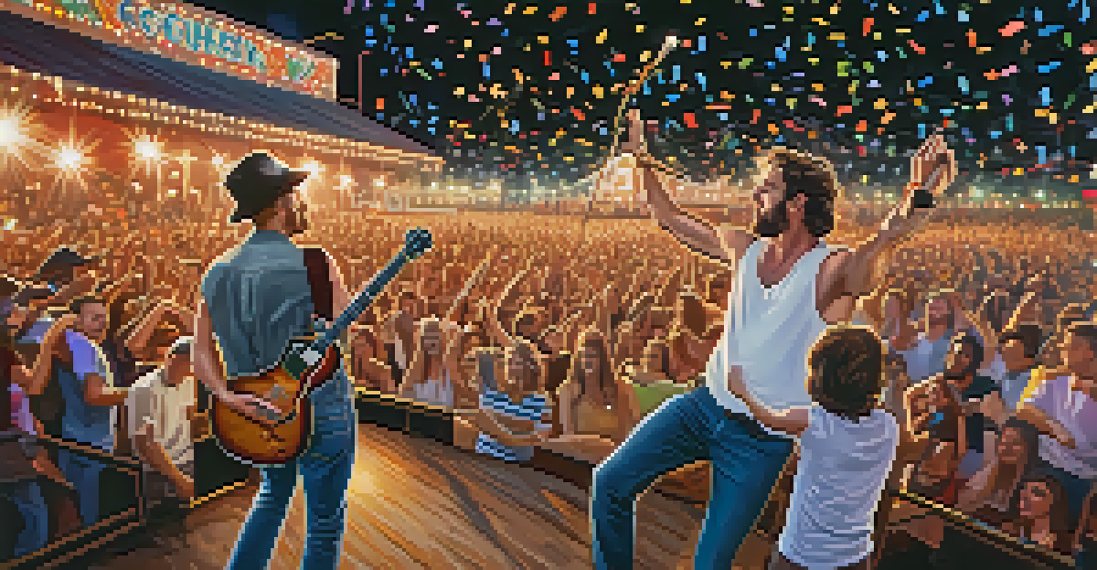 A dynamic duo performing on stage at a country music festival with bright lights and a cheering crowd.