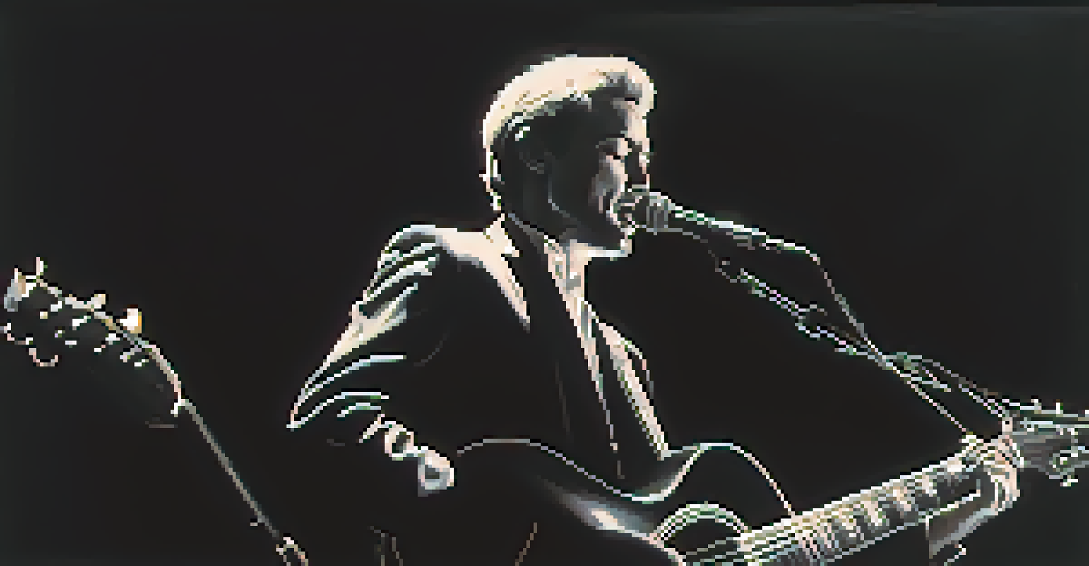 A dramatic black and white portrait of a legendary guitarist performing under a spotlight, capturing the intensity of their music.