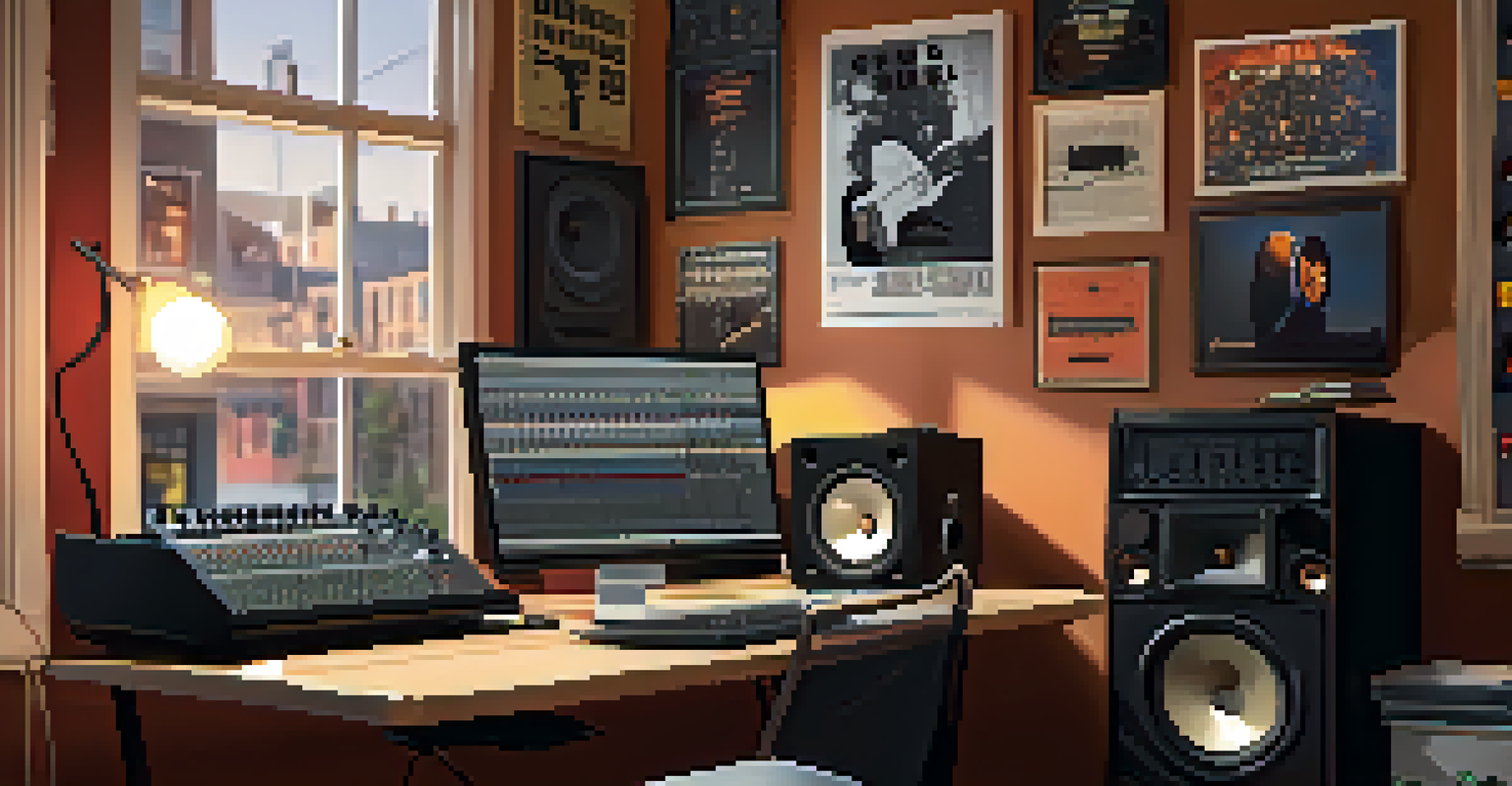 A creative workspace with a computer and digital audio workstation, headphones, and a guitar, surrounded by music posters.