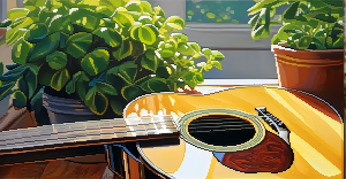 A close-up of a wooden acoustic guitar on a sunlit patio, surrounded by green plants and colorful music sheets.