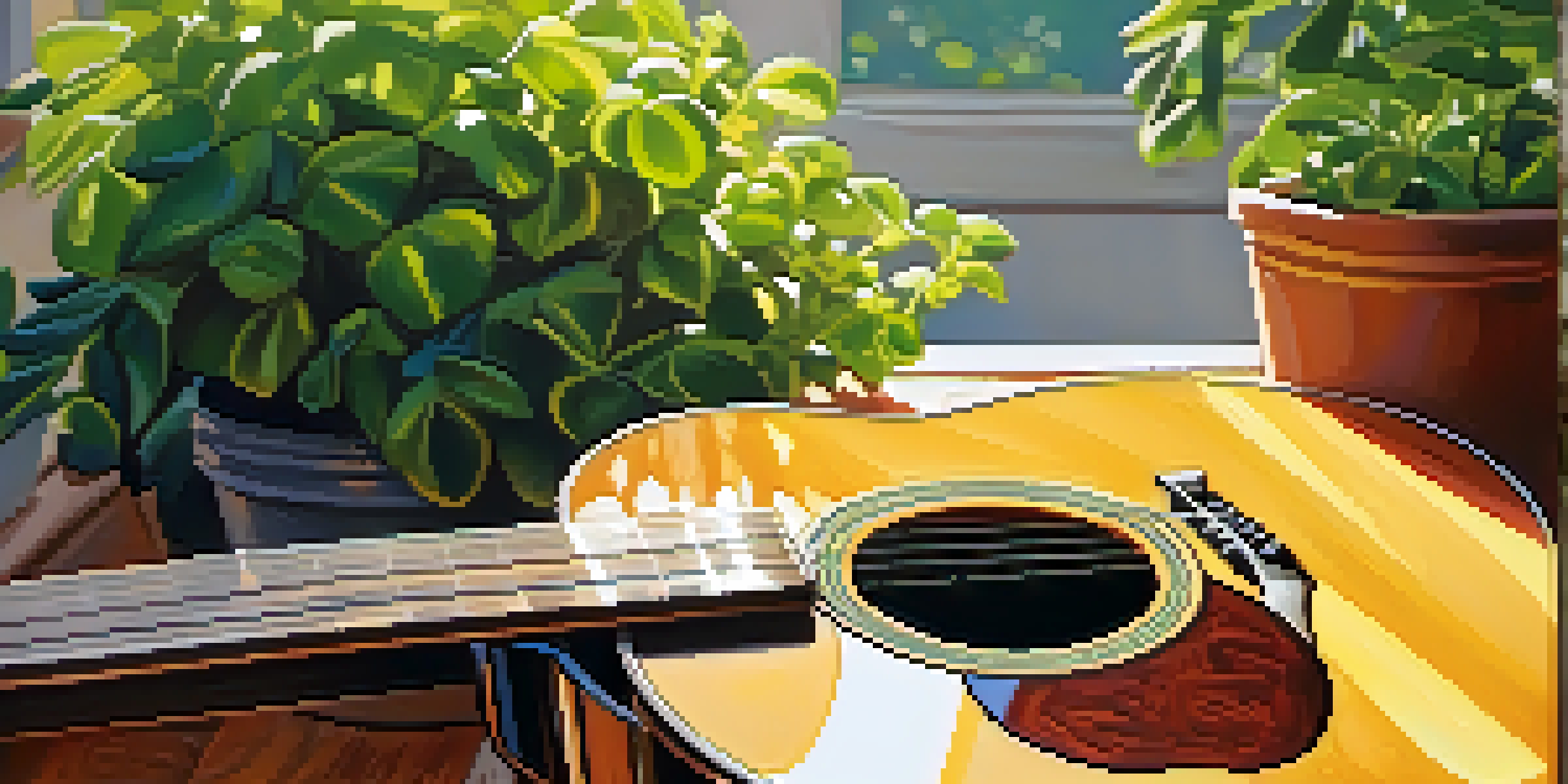 A close-up of a wooden acoustic guitar on a sunlit patio, surrounded by green plants and colorful music sheets.