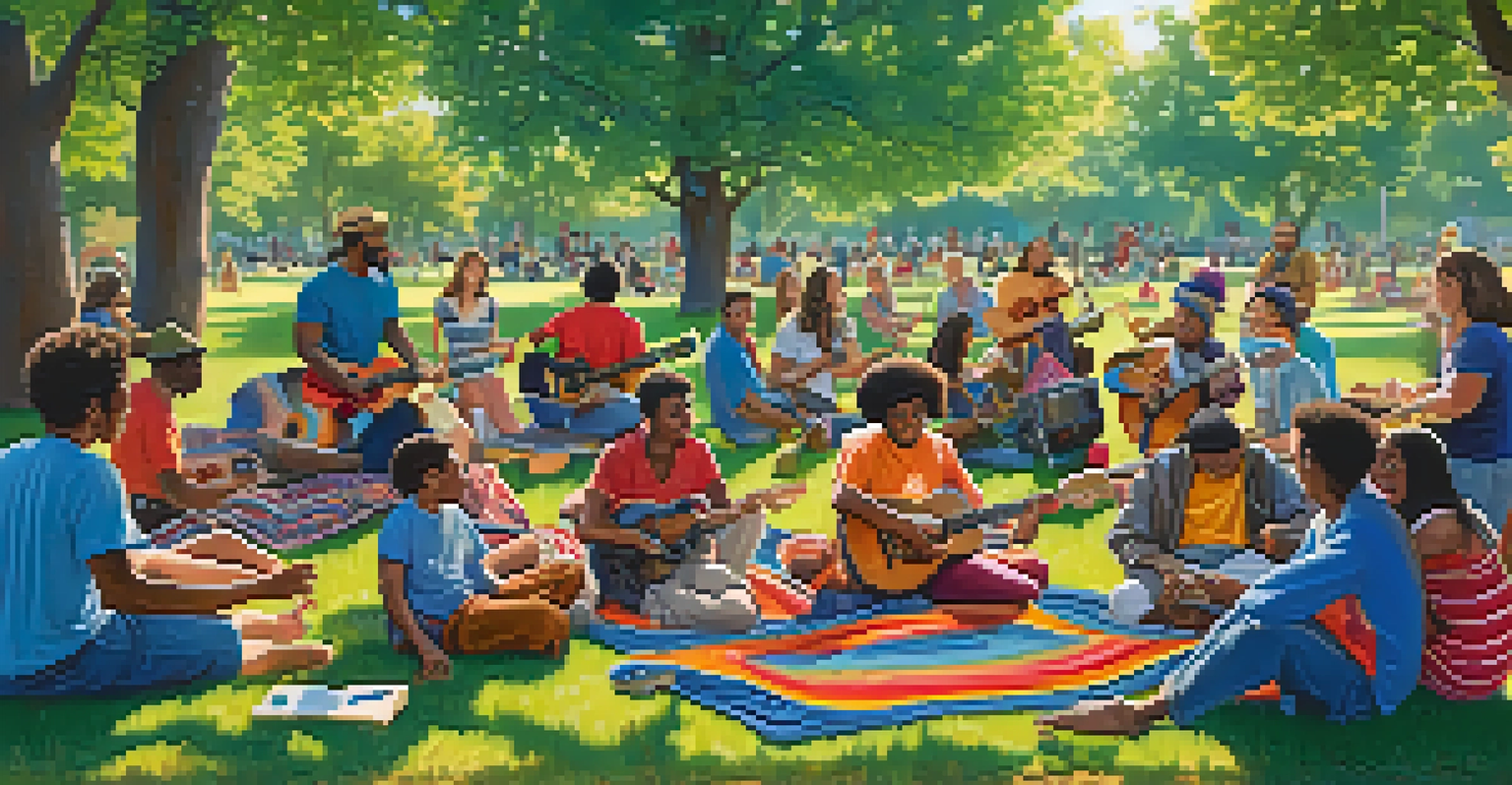 A lively outdoor music jam session in a park with a diverse group of people playing guitars and enjoying each other's company on a sunny day.