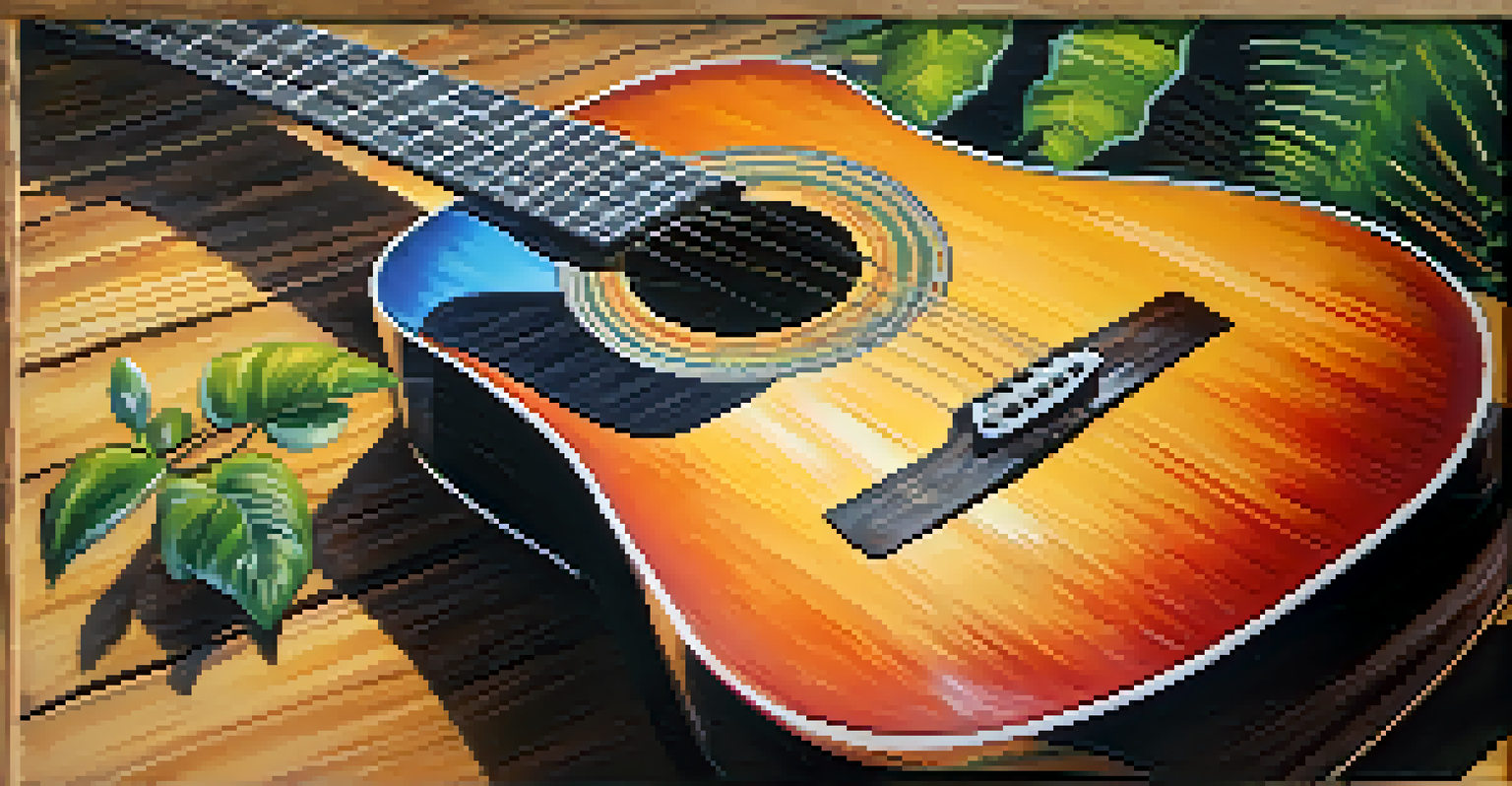 A close-up of a Brazilian guitar on a wooden table, with nylon strings and tropical plants in the background.