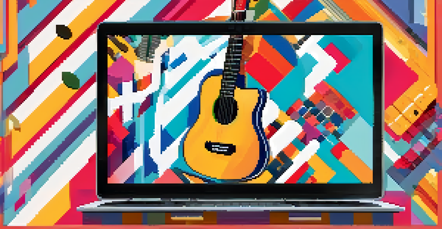 A modern laptop with a guitar, displaying vibrant social media posts promoting a virtual guitar event with hashtags.