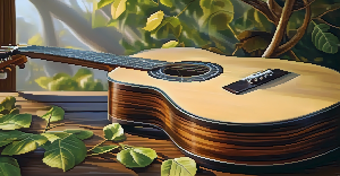 A close-up of a sustainably sourced acoustic guitar on a wooden table, surrounded by leaves and branches, illuminated by warm light.