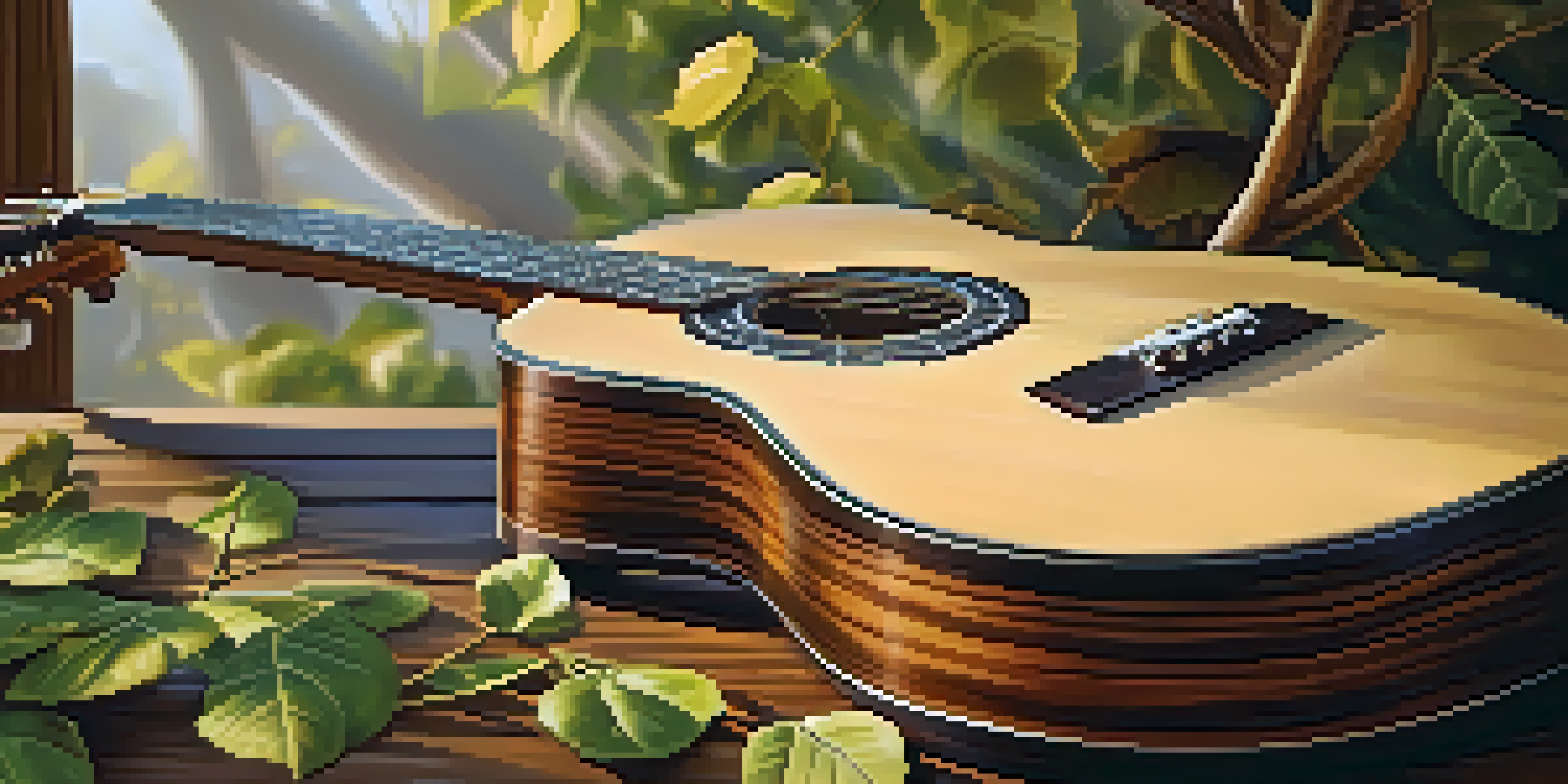 A close-up of a sustainably sourced acoustic guitar on a wooden table, surrounded by leaves and branches, illuminated by warm light.
