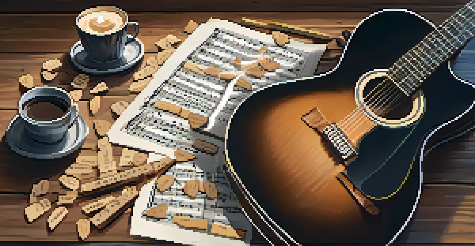 A flat lay of guitar tablature sheets, guitar picks, a metronome, and a cup of coffee on a wooden surface.