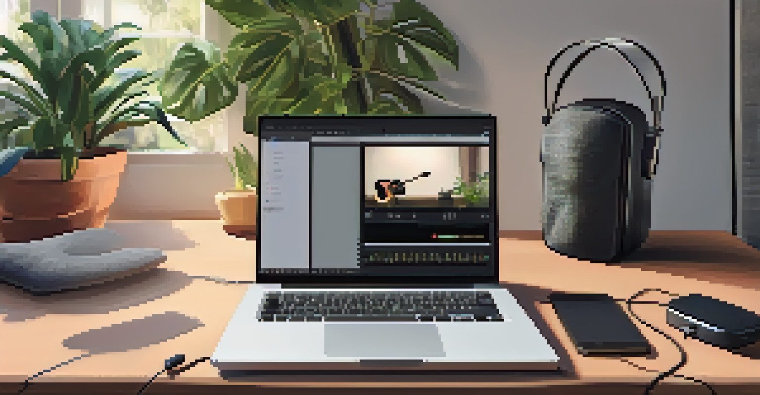 A workspace with a laptop, headphones, and a guitar in a softly lit room with plants.