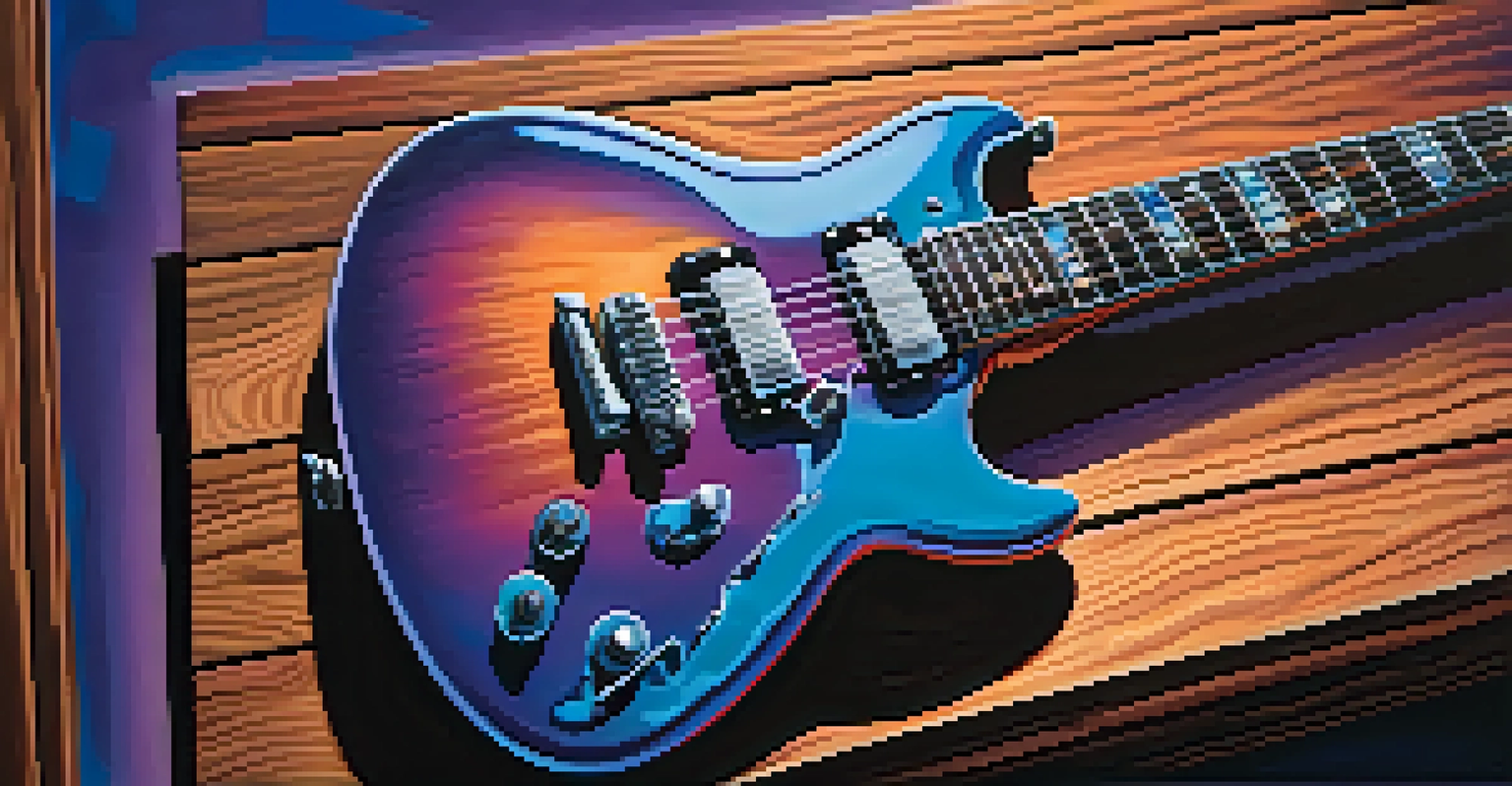 Close-up of a beautifully designed electric guitar on a wooden stage, illuminated with blues and purples in the background, with band silhouettes in the distance.