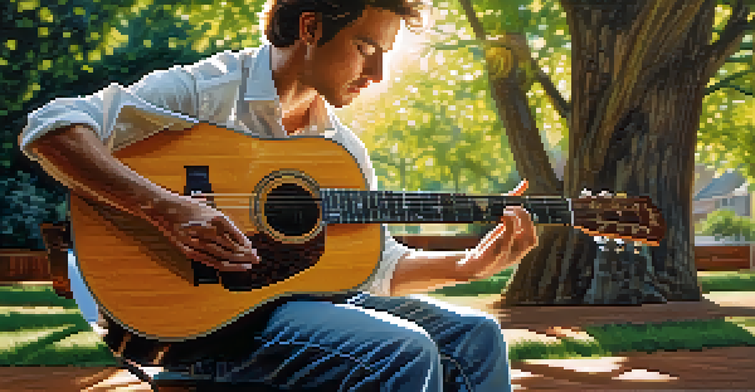 Close-up of a guitarist's hands playing an acoustic guitar in a serene outdoor setting with sunlight filtering through trees.