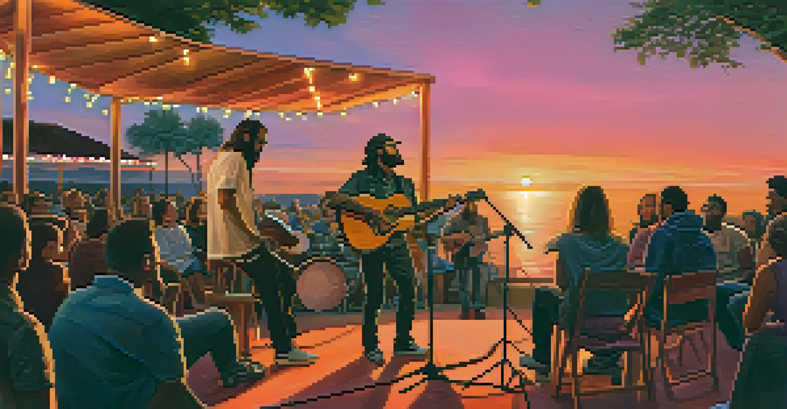 Musician performing with an acoustic guitar on stage during sunset, with the soundboard visible and an engaged audience.