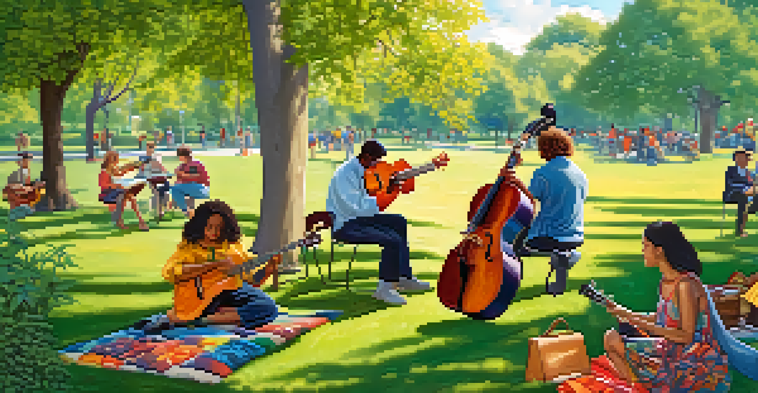 A group of musicians jamming in a park, with one guitarist using a capo, surrounded by greenery and colorful picnic blankets.