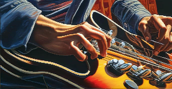 A guitarist's hands tapping on a guitar fretboard, with a blurred background and warm lighting.