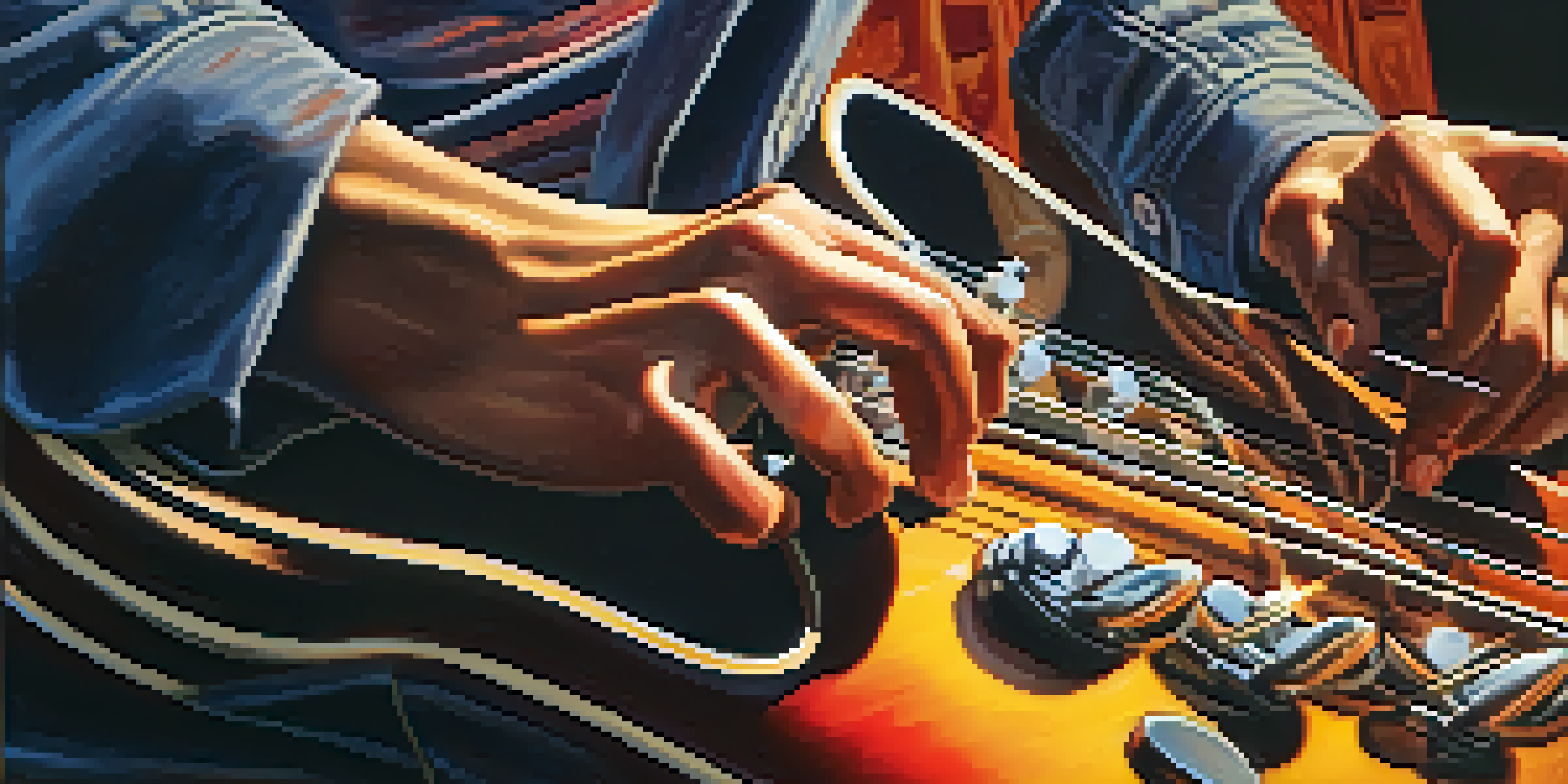 A guitarist's hands tapping on a guitar fretboard, with a blurred background and warm lighting.