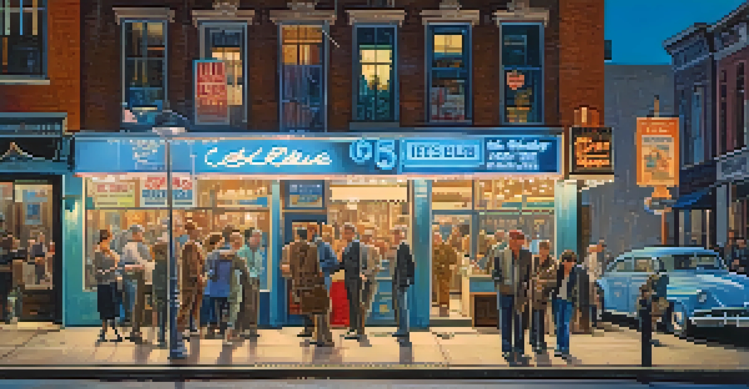 A vintage blues club with a neon sign, surrounded by a diverse group of people sharing stories, illuminated by warm light spilling onto the sidewalk.