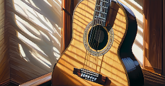A close-up of an acoustic guitar on a wooden table, with sunlight creating soft shadows and handwritten lyrics nearby.