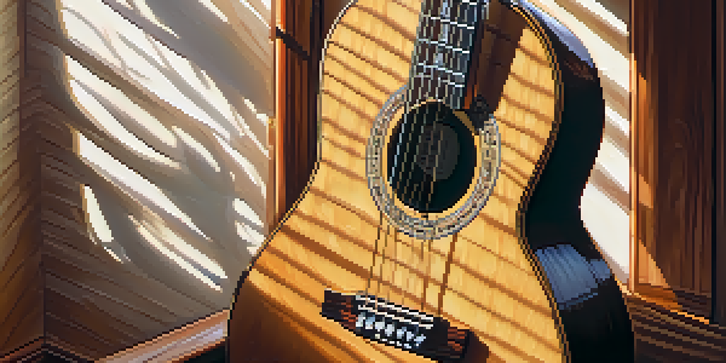 A close-up of an acoustic guitar on a wooden table, with sunlight creating soft shadows and handwritten lyrics nearby.