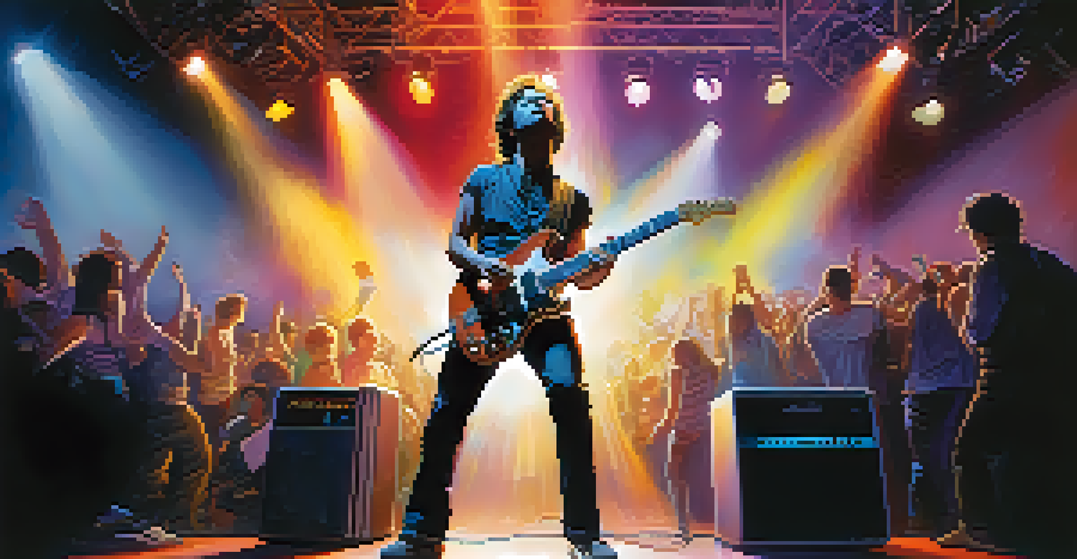 A guitarist performing energetically on stage with vibrant lights and a cheering crowd, showcasing their effects pedals and amplifier in the background.