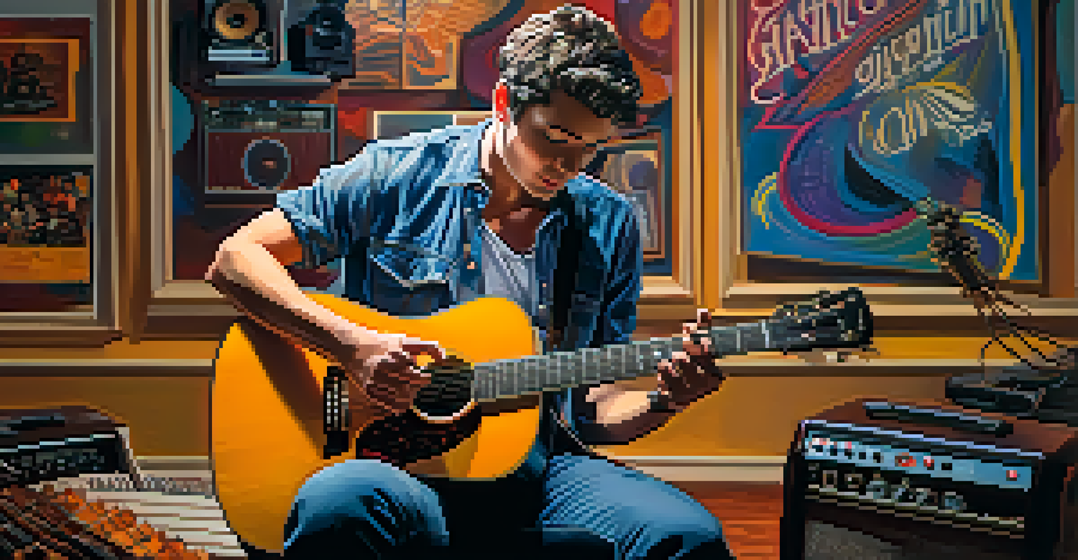A modern guitarist performing in an intimate setting with an acoustic guitar and effects pedals.