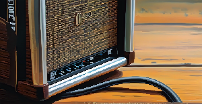A close-up view of a direct injection (DI) box connected to guitar cables on a wooden table, with natural light illuminating the scene.