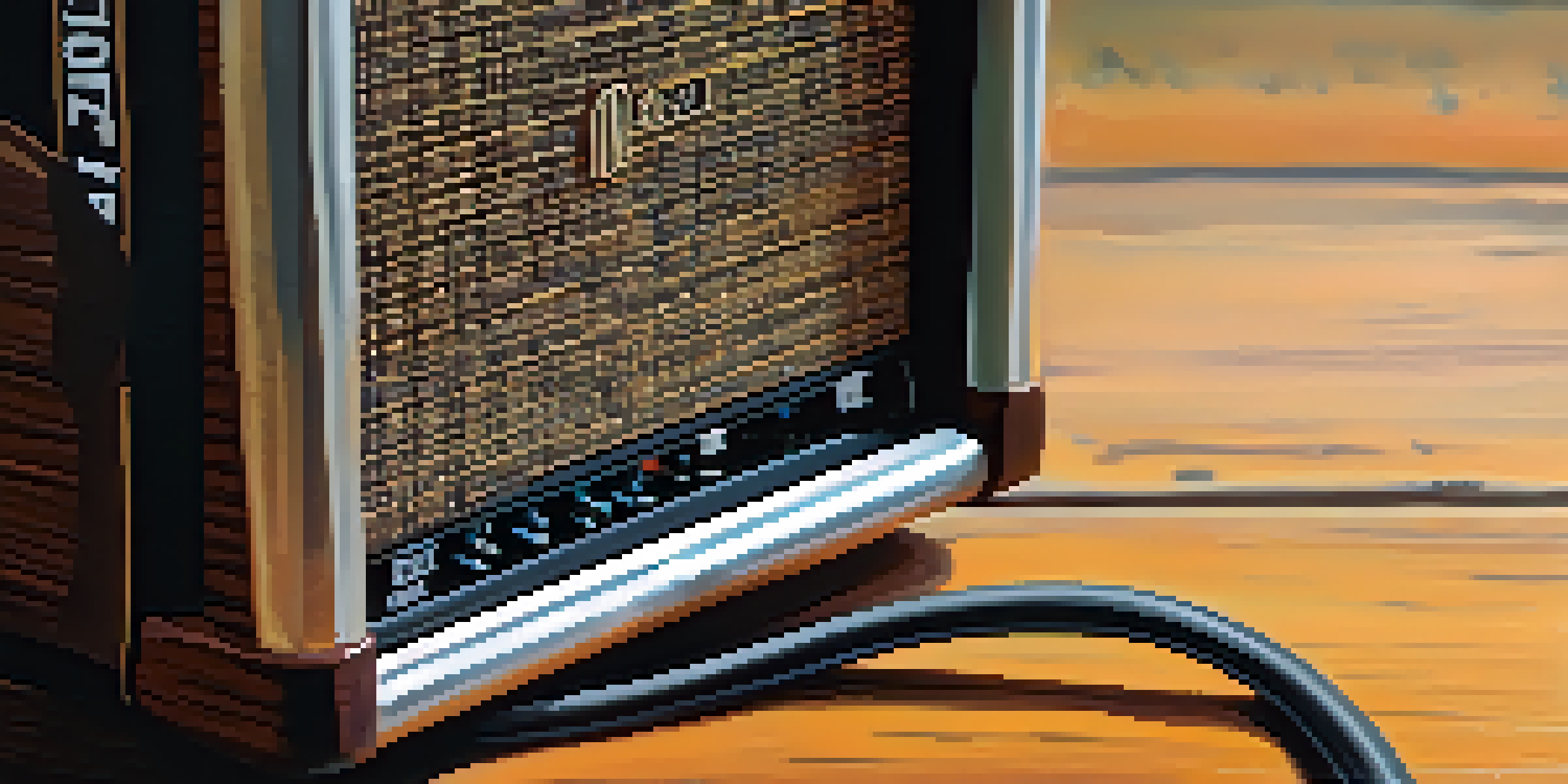 A close-up view of a direct injection (DI) box connected to guitar cables on a wooden table, with natural light illuminating the scene.