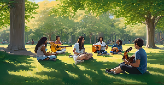 An outdoor guitar lesson with a diverse group of students and an instructor under trees, creating a bright and inviting atmosphere.