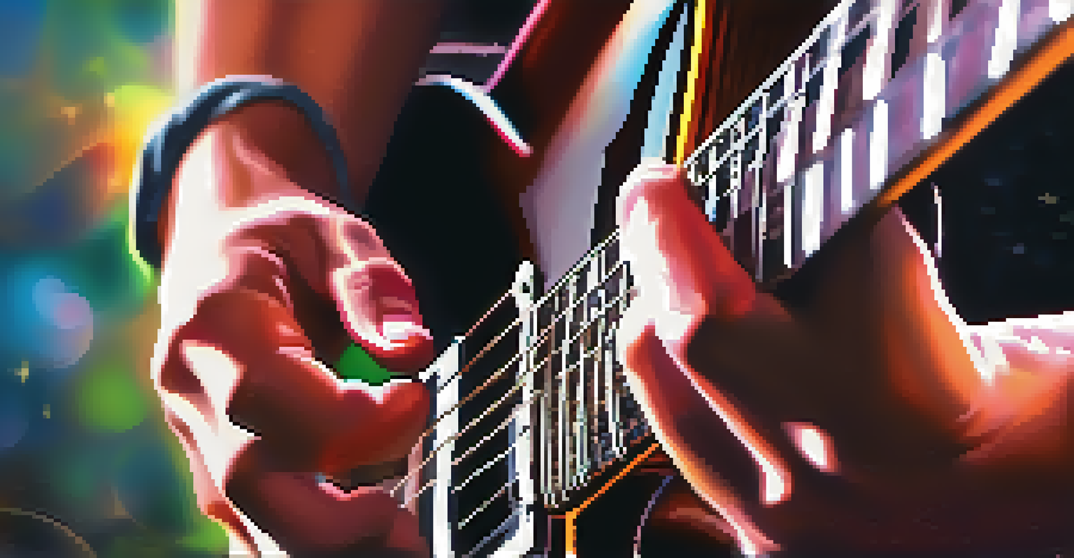 Close-up of a guitarist's hands playing an electric guitar with a focus on techniques like fingerpicking.