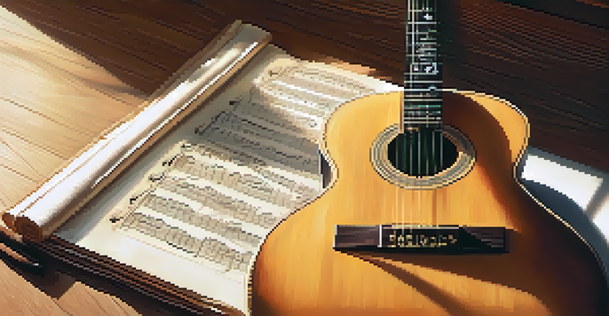A close-up of a guitar on a music stand with sheet music showing a treble clef, illuminated by sunlight.