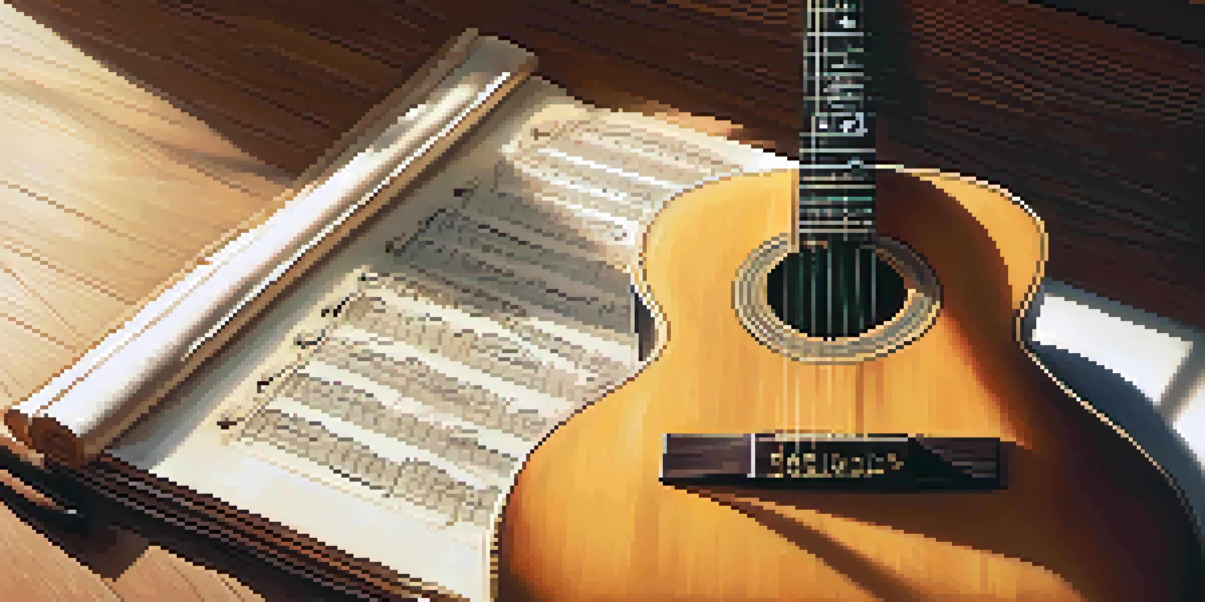 A close-up of a guitar on a music stand with sheet music showing a treble clef, illuminated by sunlight.