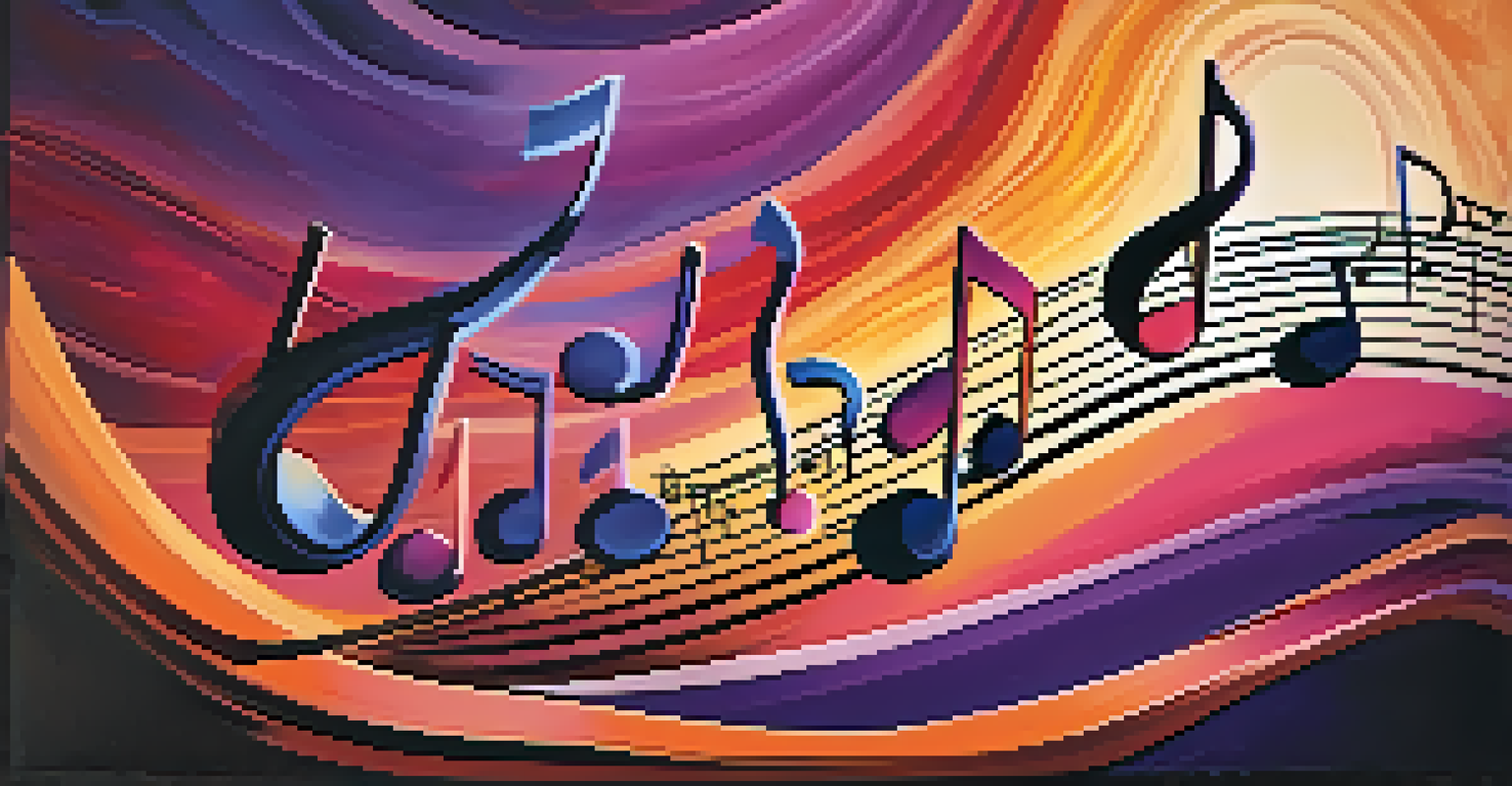 Colorful musical notes and abstract shapes swirling against a sunset background.