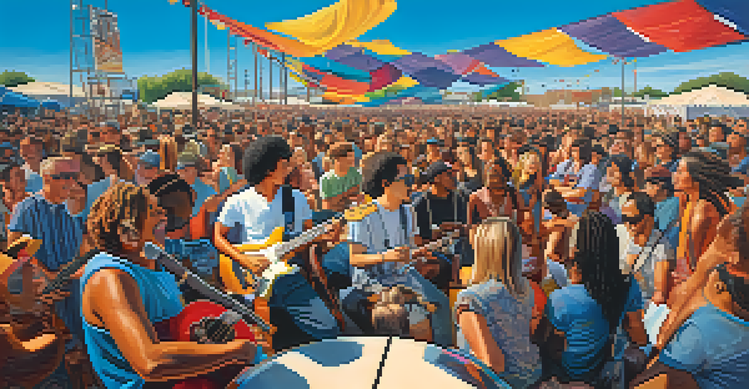 A lively outdoor music festival with musicians of different backgrounds playing various guitars, surrounded by colorful decorations and an enthusiastic audience.