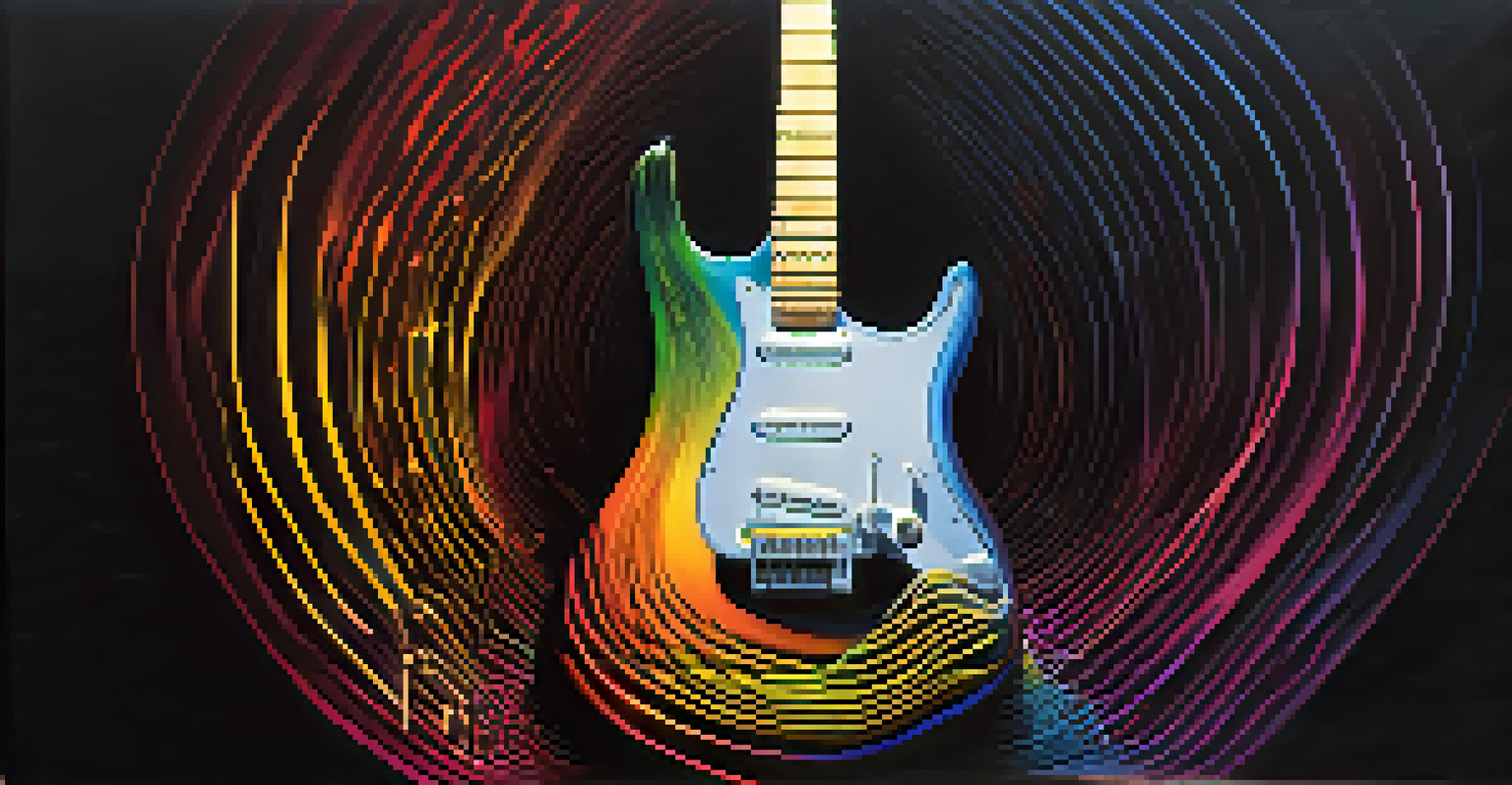 An illustration of sound waves in colorful patterns coming from a guitar, emphasizing harmonics.