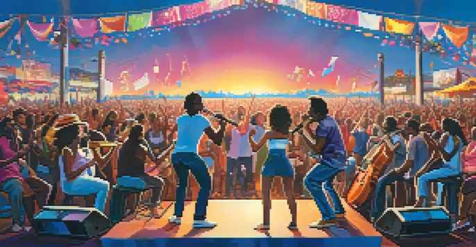 A lively outdoor music festival with musicians on stage and a diverse crowd enjoying the performance under a colorful sunset sky.