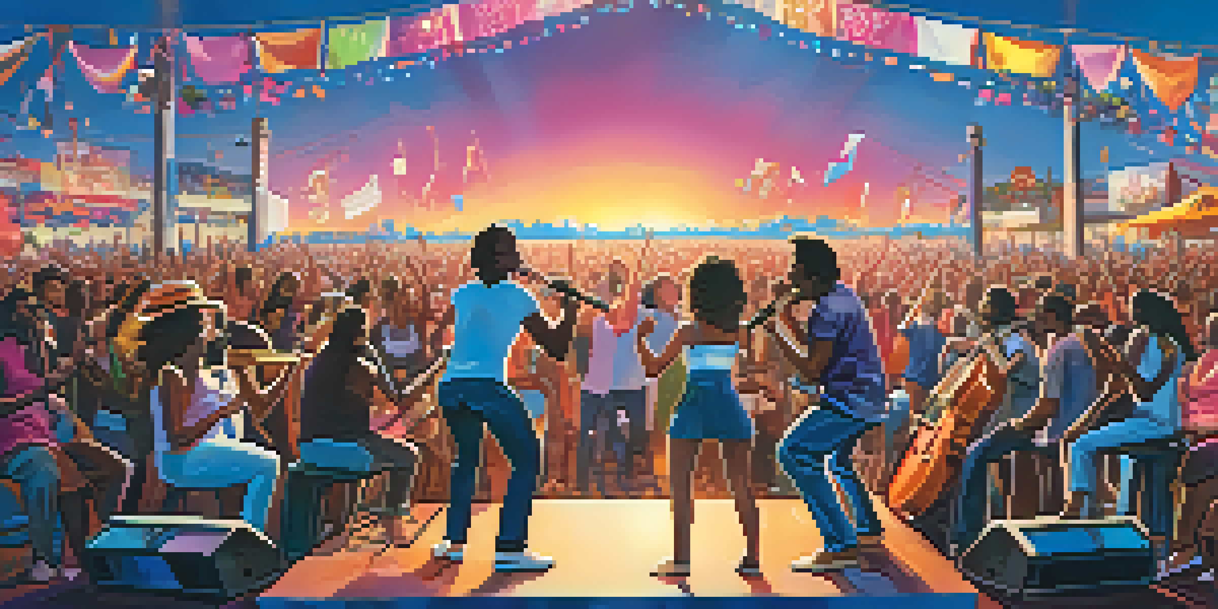 A lively outdoor music festival with musicians on stage and a diverse crowd enjoying the performance under a colorful sunset sky.
