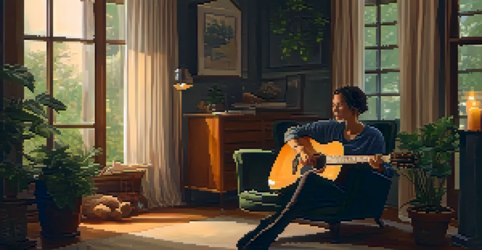 A person playing an acoustic guitar in a cozy armchair surrounded by plants and candles, with warm lighting and soft curtains.