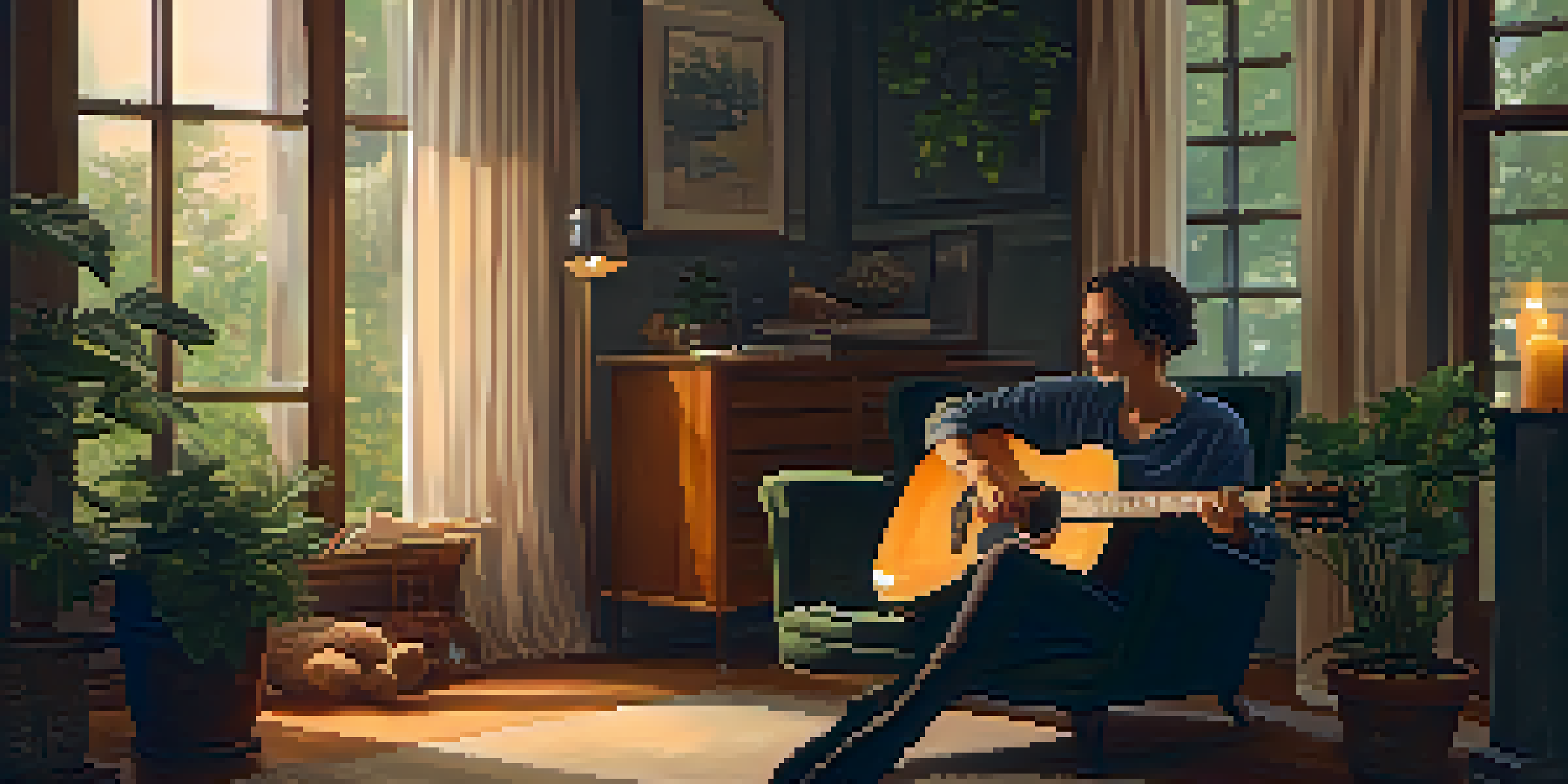 A person playing an acoustic guitar in a cozy armchair surrounded by plants and candles, with warm lighting and soft curtains.