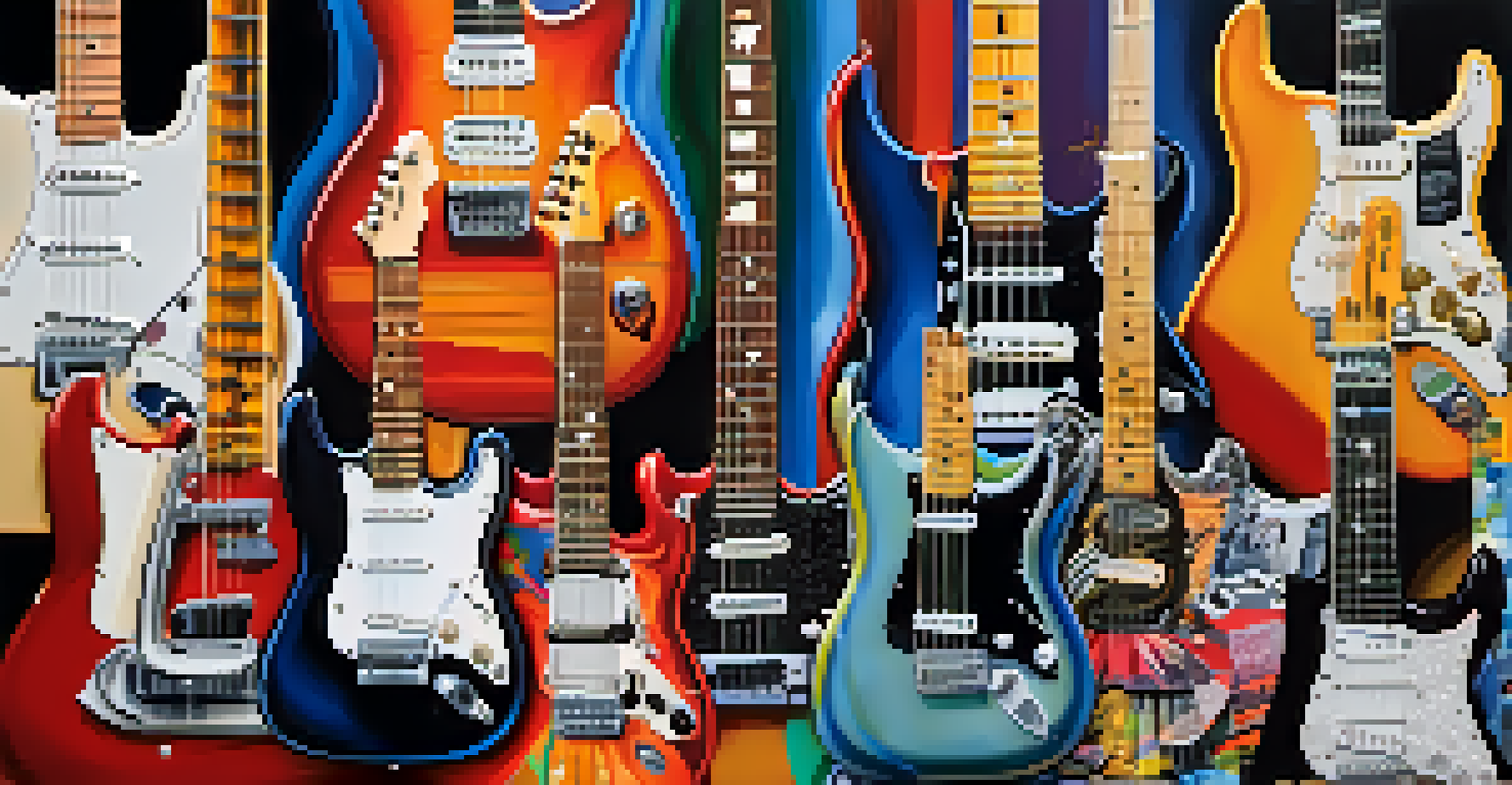 A collage featuring famous guitarists and their guitars, symbolizing the evolution of electric guitar genres.