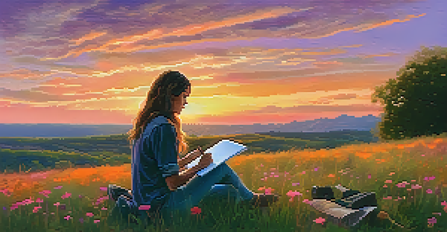 A songwriter on a hill during sunset, writing in a notebook with a guitar nearby.